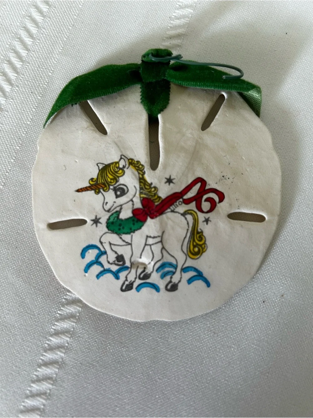 Vintage Hand-Painted White Unicorn Sand Dollar Ornament Christmas Red Green